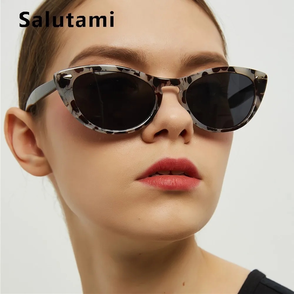 Винтажные женские солнцезащитные очки "кошачий глаз" с леопардовым принтом, маленькая круглая оправа, заклёпки, солнцезащитные очки для мужчин, люксовый бренд, INS, Горячие очки, против лучей