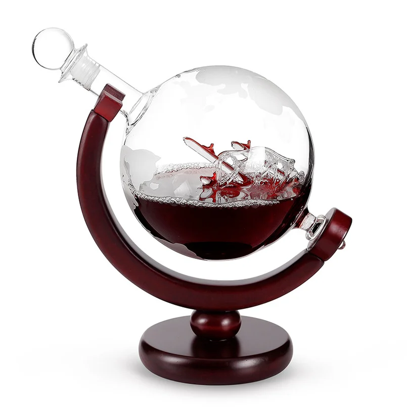 

800 ML /27 oz Glass Sailboat Globe Wine Bottle Frosted Map Wooden Holder Craft Creative Hip Flasks for couple men gifts