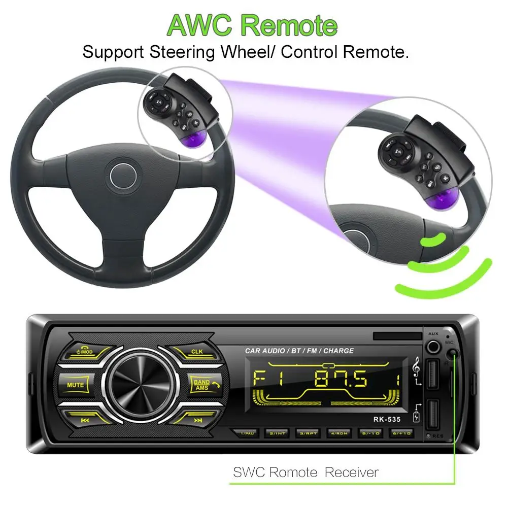 1 комплект RK-535 Din автомобильный FM радио DC 12 V закрепленная панель аудио Bluetooth Автомобильный Зарядное устройство поддержкой USB, SD карт памяти, MP3 Поддержка рулевое колесо/Управление пульт дистанционного управления