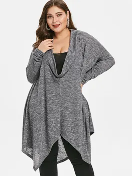 

Wipalo Women T Shirts Plus Size Cowl Neck Space Dyed Top Long Marled Asymmetrical Spring Female T Shirts Fashion Tops Tees 5XL