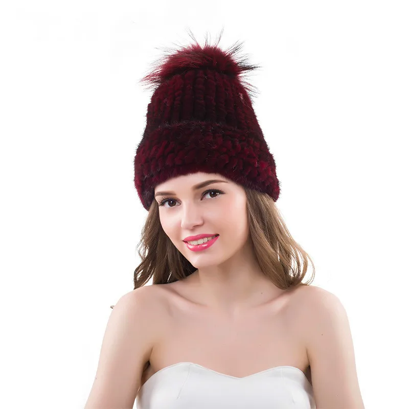 

YECHNE Woman Real Mink Fur Top Rex Rabbit Pompom Ball Cap Female Winter Knitted Beanie Hat