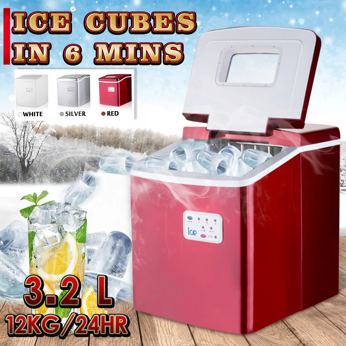 

Portable 3.2L 12KG/24hr Automatic Electric Quick Ice Machine Circular Ice Cube Block Maker for Commercial Household Bar Shop