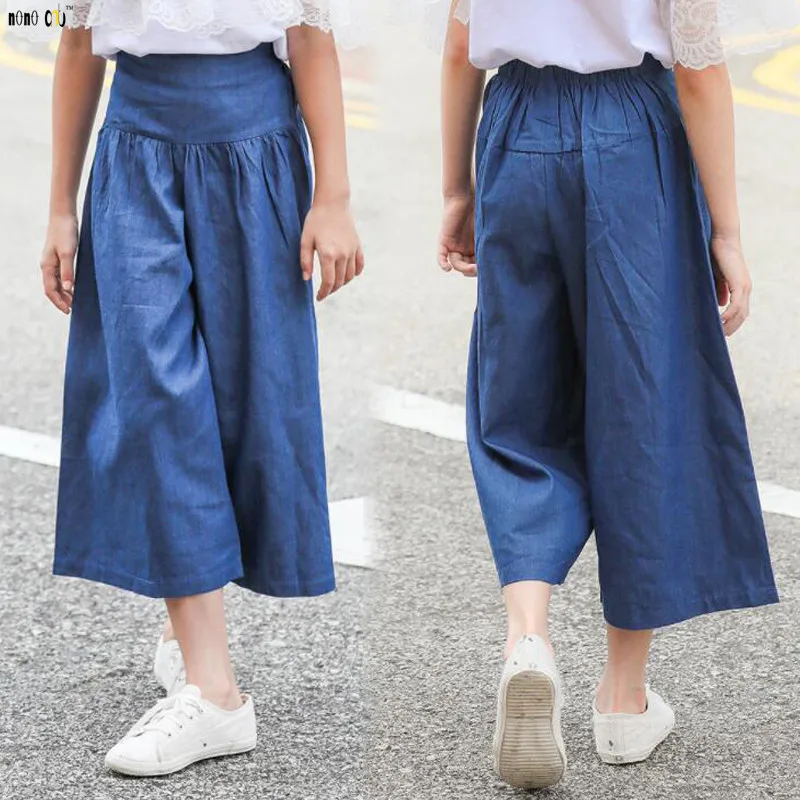 

2019 Summer Girls Wide Leg Pants Solid Casual Cotton Ankle-length Pants Children Trouser 5 6 7 8 9 10 11 12 13 14 Years