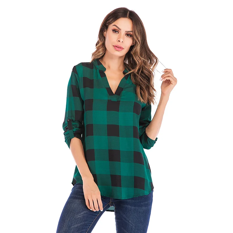 

Women Tops and Blouses Ladies Plaid Shirt Long Sleeve V Neck Long Tops Plus Size 3XL 4XL 5XL Oversize Casual Loose tunics female