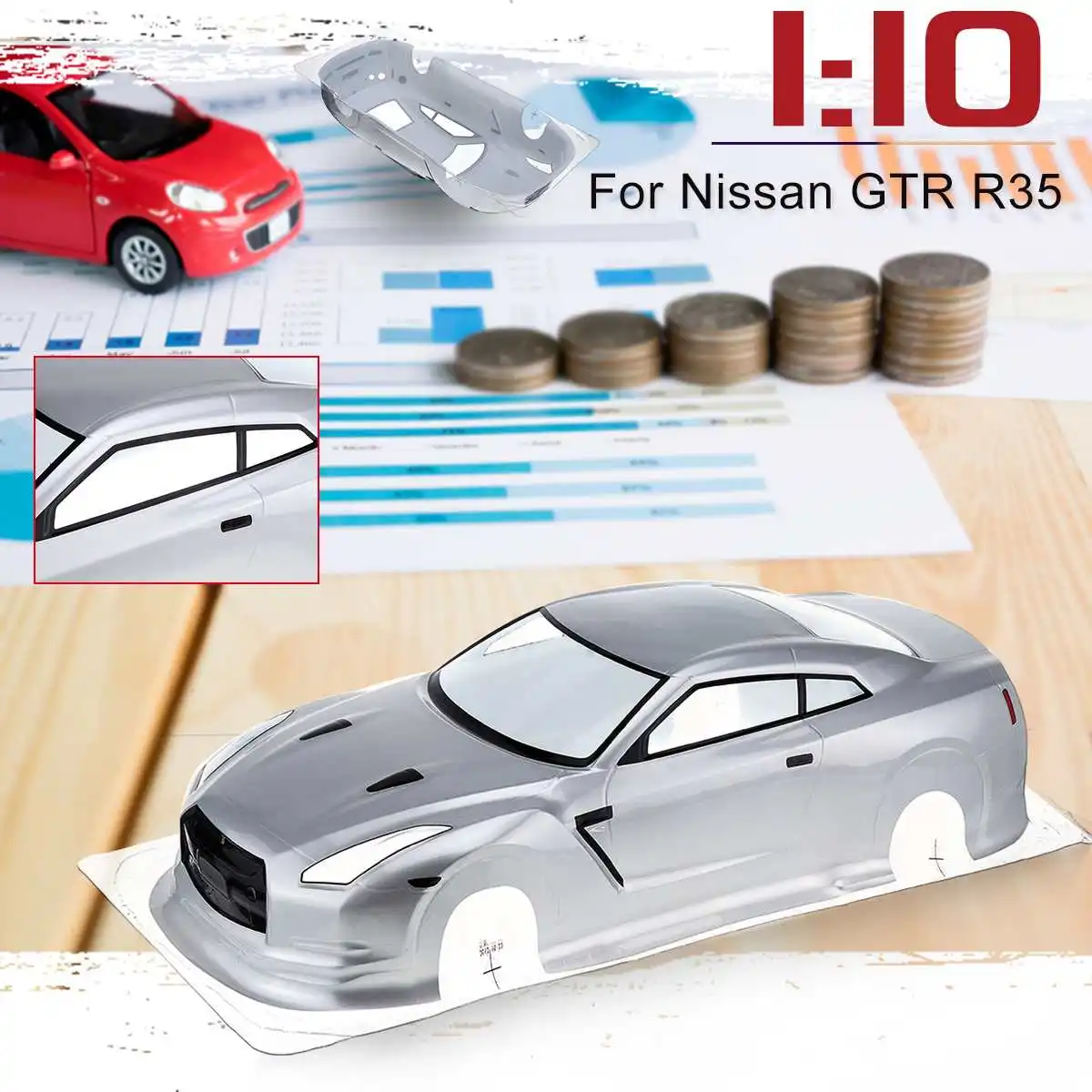 

DIY 1/10 195mm On Road RC Car PVC Body Shell Modification For NISSAN GTR R35 with lamp cup and rear wing