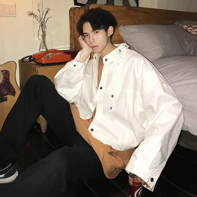 Новое весеннее однотонное короткое пальто camisas para hombre Повседневная рубашка модная хлопок три четверть оборота