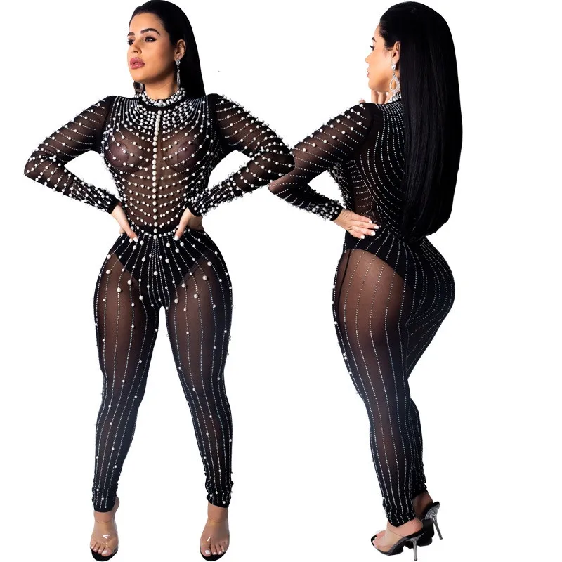 

Women New Fashion Sexy See-through Black Gauze One-piece Pearls Beading Diamonds Jumpsuit Mesh Party Club Rhinestone Rompers
