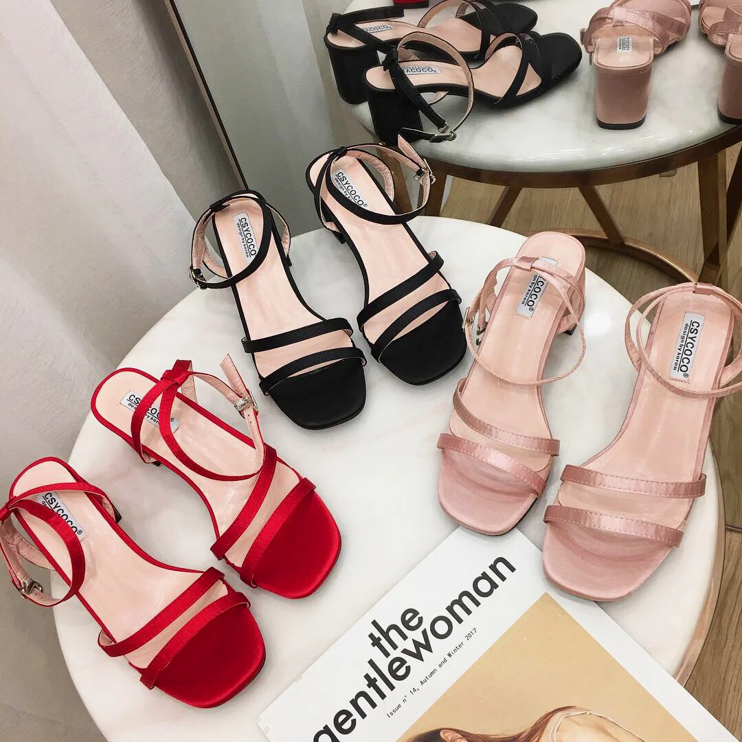 

Women Summer Sandals Cross Strap Shoes 5cm Square Heel Satin Silk Buckle Strap Casual Shoe