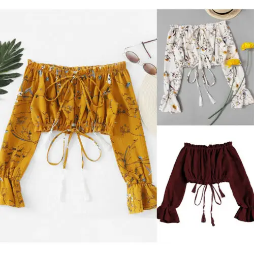 

Sexy Slash Neck Off Shoulder Blusas 2019 Spring Summer Fashion Flowers Women Shirts Long Sleeve Female Crop Top Blouse