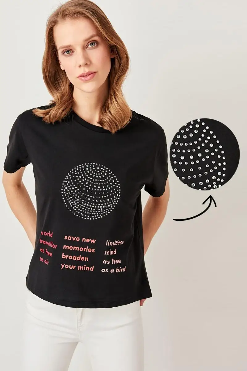 Trendyol черный камень печатных Базовые Трикотажные футболки TWOSS19TC0013 | Женская