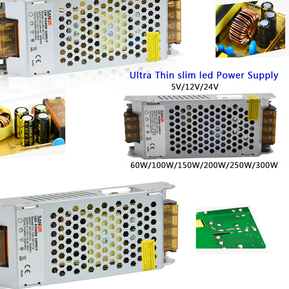 Высокая Напряжение ультра тонкий Питание DC5V DC12V DC24V 60 W/100 W/150 W/200 W/250 W/300 W 110-240 V Светодиодный драйвер для Светодиодные полосы света