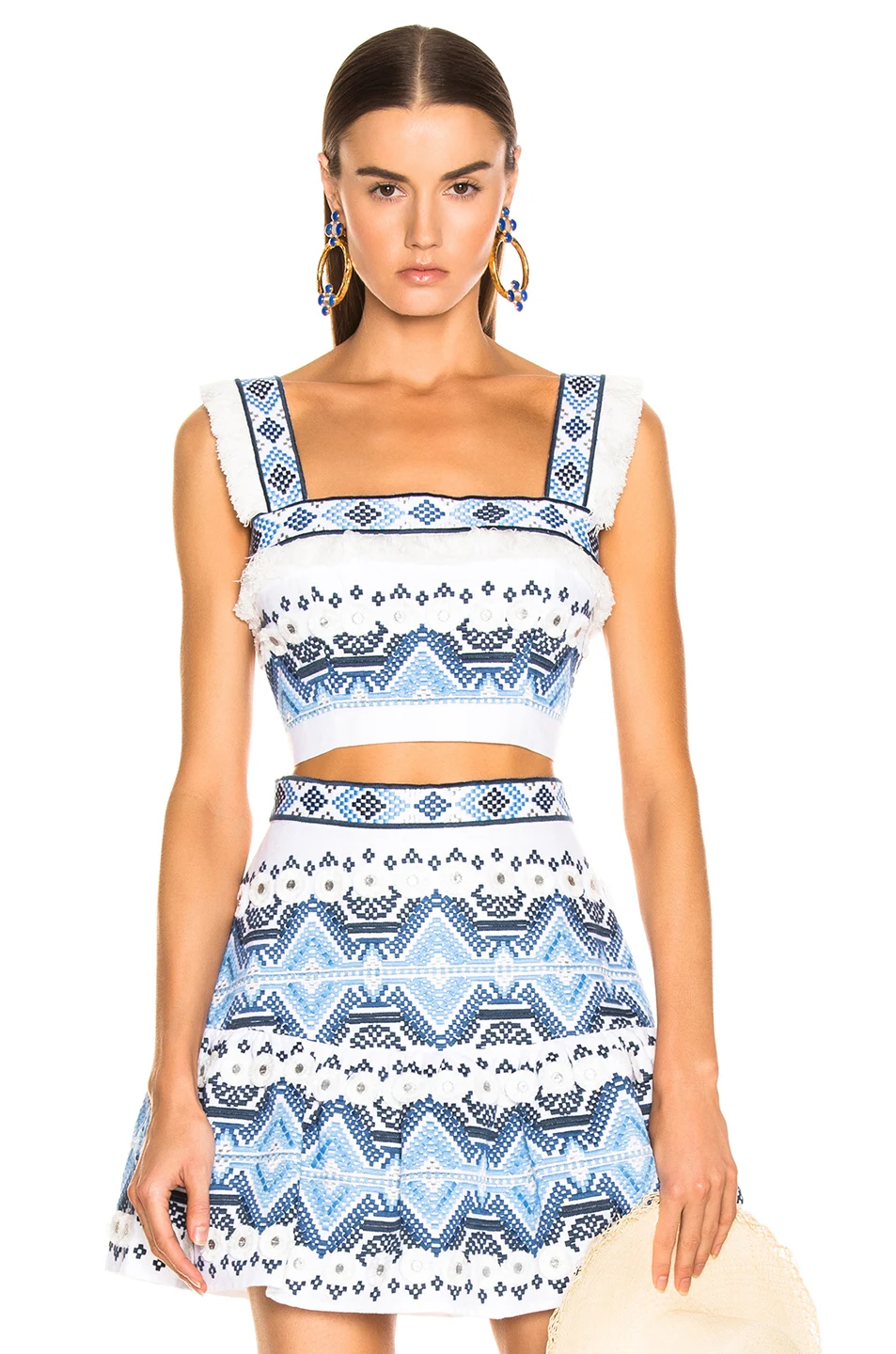 Fashion new 2 piece set women top and mini skirt tassel and embroidery
