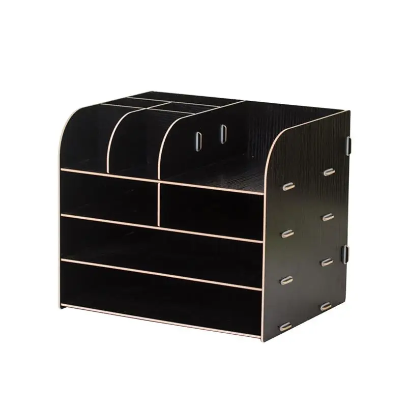 

Large Desktop Storage Box Wooden File Rack Document Holder Stationery Organizer Shelf Office Supplies (Black)