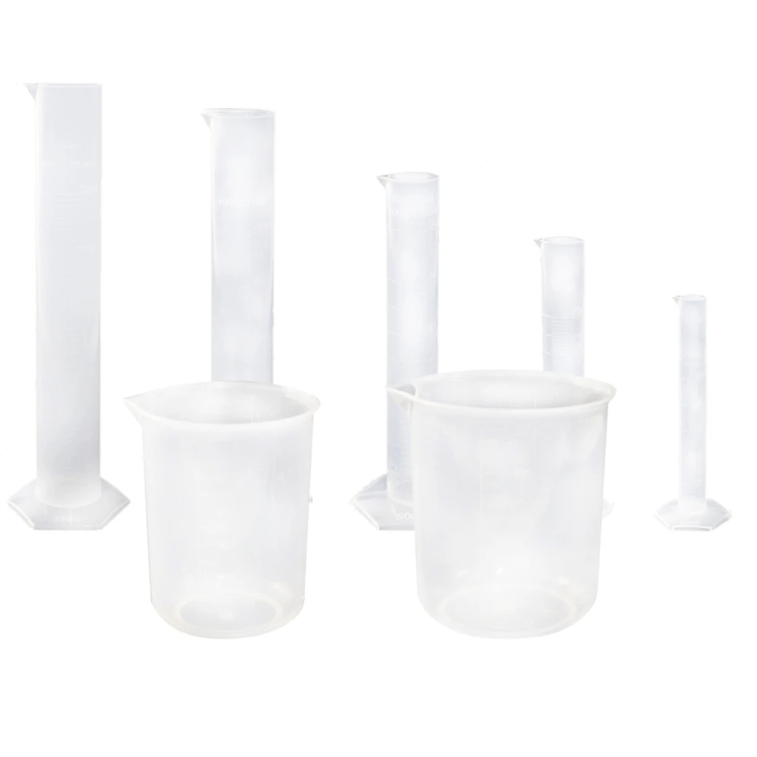 

PPYY NEW -5 Pcs Clear Plastic Graduated Cylinder, 10, 25, 50, 100, 250ml, with 2 Plastic Beakers and 1 Cylinder Brush