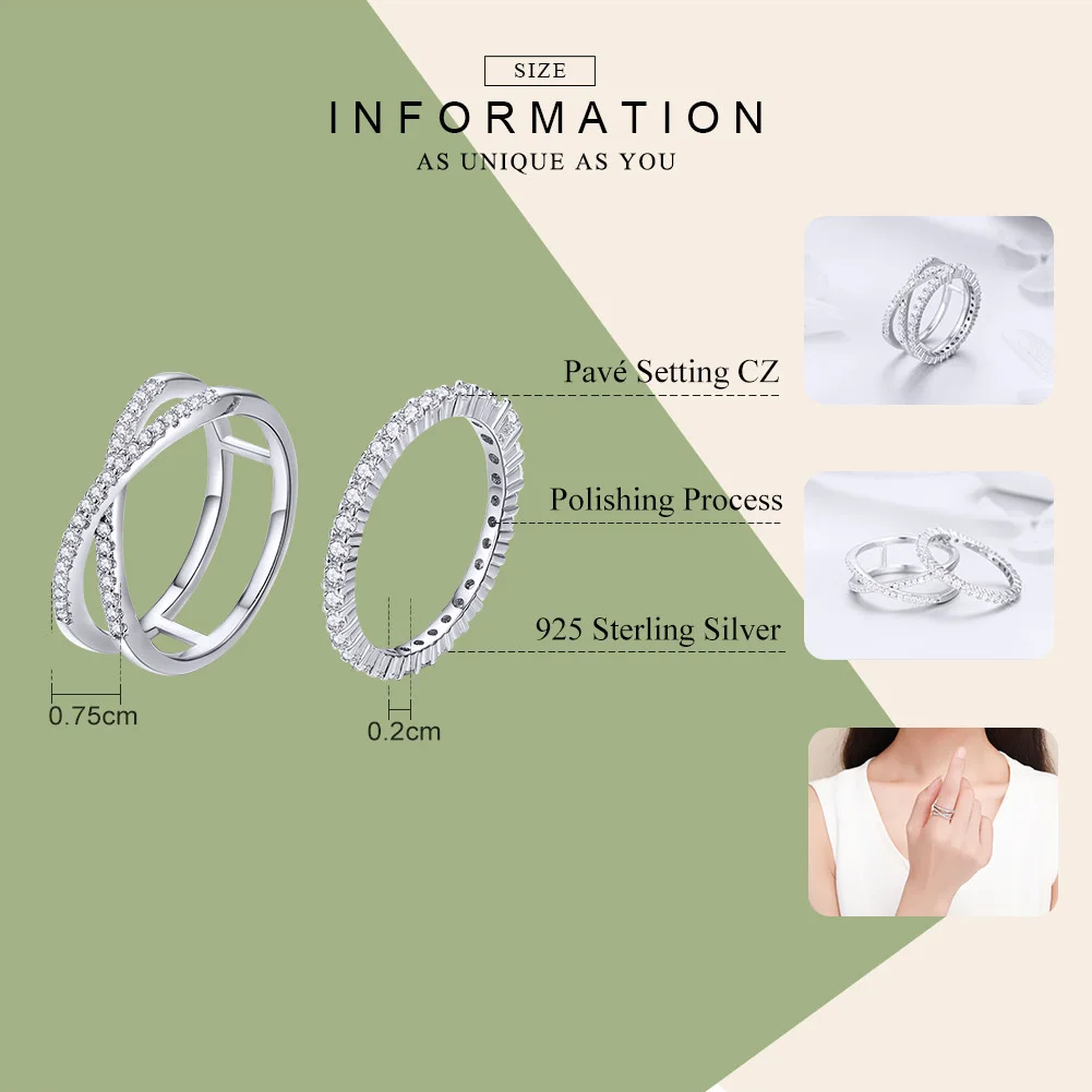 BAMOER 2 шт. Аутентичные 925 пробы серебряные ослепительные CZ геометрические кольца для женщин Свадебные обручальные ювелирные изделия anel SCR463