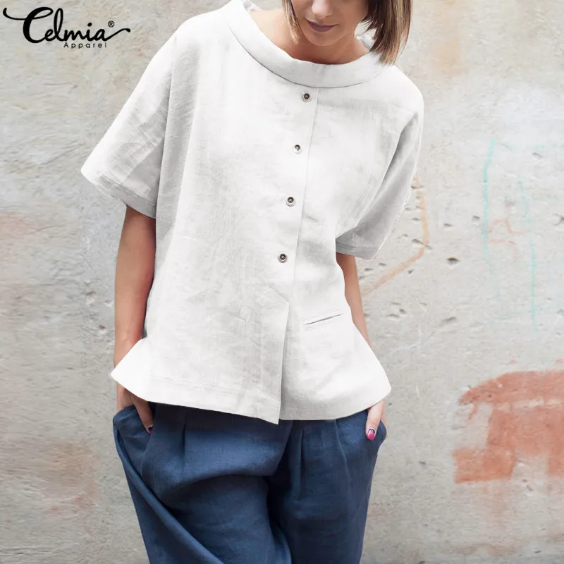 

Celmia 2019 Summer Tops Women Vintage Cotton Blouses Buttons Short Sleeve Shirt Patchwork Casual Loose Blusas Feminina Plus Size