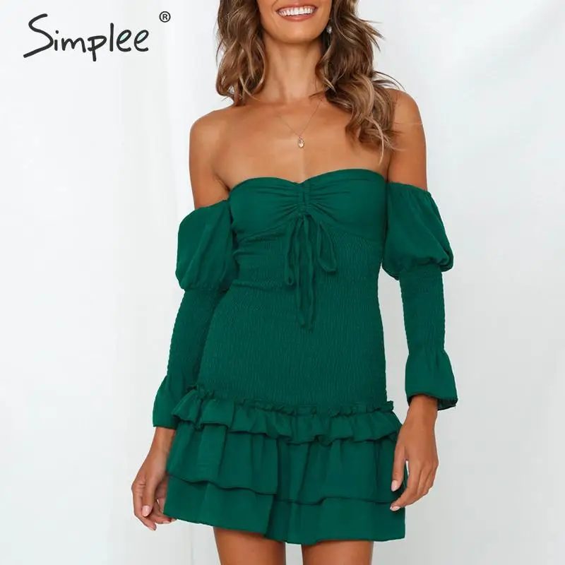 

Simplee Sexy off shoulder women ruched dress Elegant puff sleeve ruffled drawstring female short dress Ladies party club dress