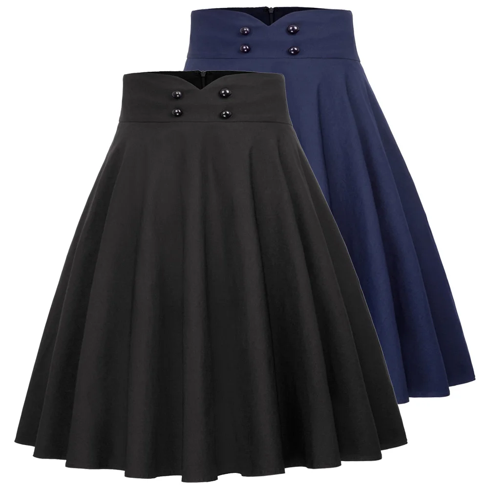 Женские юбки OL для девушек, плиссированные вечерние юбки трапециевидной формы с высокой талией, украшенные жемчужинами, черные/темно-синие юбки с пуговицами и карманами