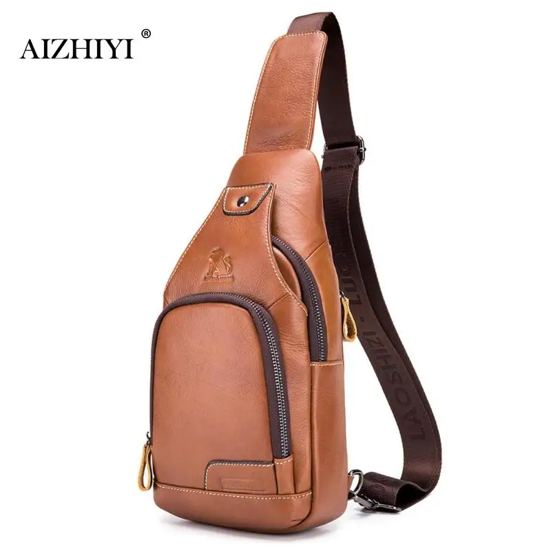 

Famous Brand Men's Chest Bag Men Leather Chest Pack USB Backbag With Headphone Hole Functional Travel Organizer Male Sling Bag