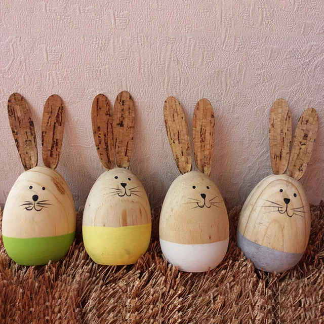 Wooden Easter Ornaments Rabbit Eggs Bunny DIY Bright Color Desktop