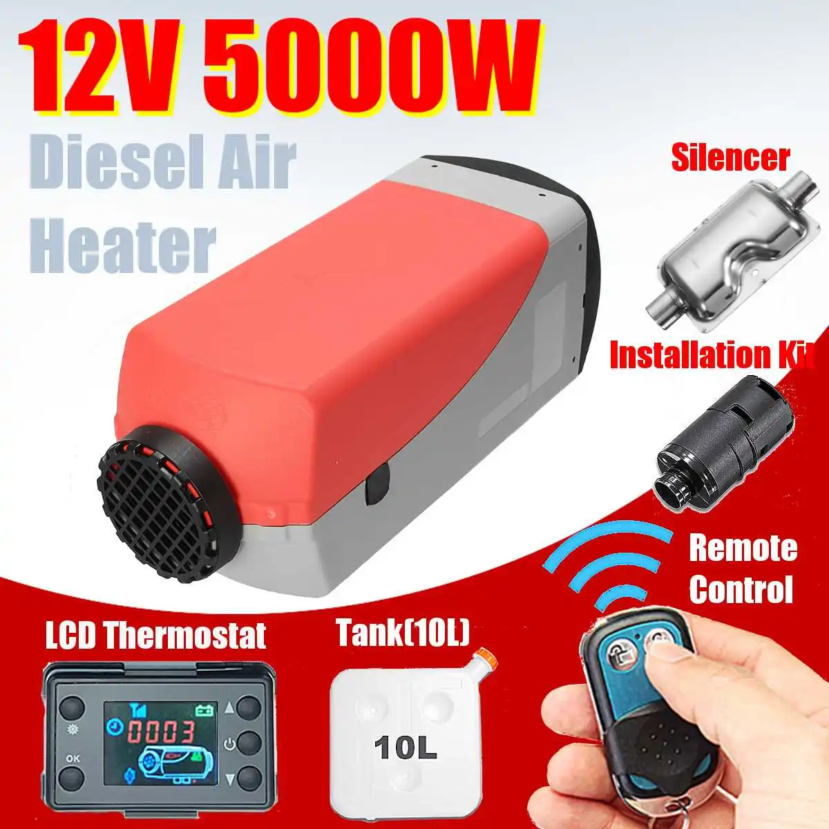 

12V 5KW D iesel Air Parking Heater LCD Switch with Silencer & Remote Control For Car Bus Trucks Van Pickup Boat Planar Warming