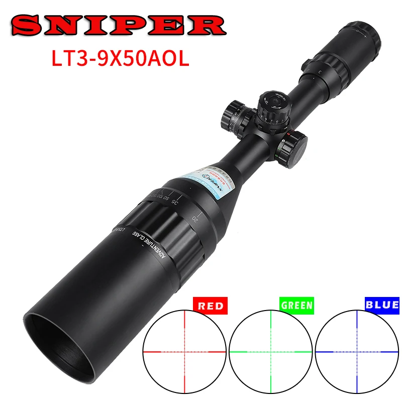 قناص 3-9X50 AOL الصيد Riflescope البصرية التكتيكي البصر كامل الحجم ميل دوت المعدات RGB سلك شبكاني ل بندقية نطاق الادسنس