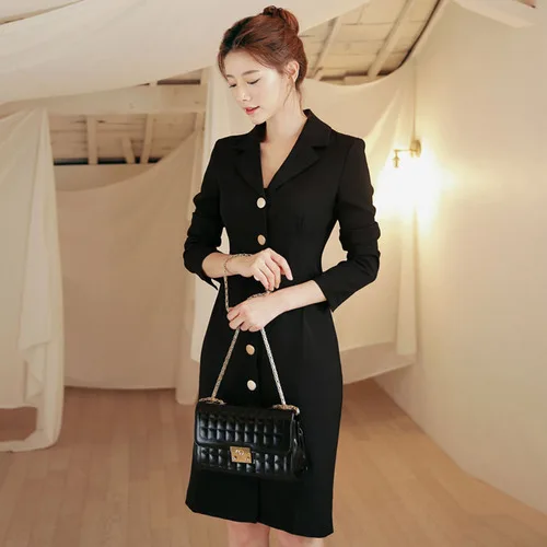 

Single Breasted long Sleeve Dress Slim Women Mid-length Dresses Office Ladies Elegant Dress vestidos 2019