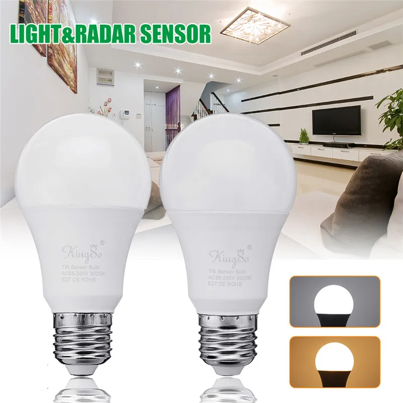 

1pcs/2pcs E27 7W Light Control Radar Sensor LED Bulb SMD2835 Dusk to Dawn for Home Porch AC85-265V Pure White/Warm White