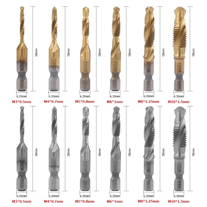 M3-M10 сверло с шестигранным хвостовиком, титановое покрытие, HSS, ручная резьба, метрический композитный кран, сверло, ручной кран, сверла
