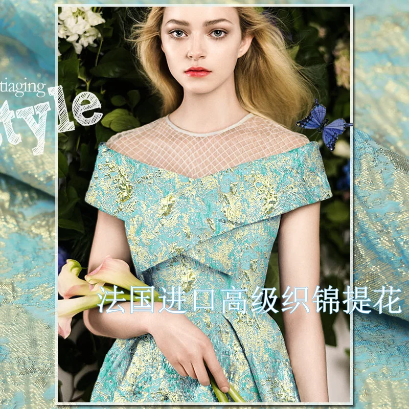 

1 Meter Weaving Cloth Sea Sky Spring Autumn Gold Thread Dress Jacquard Fabric Cloth