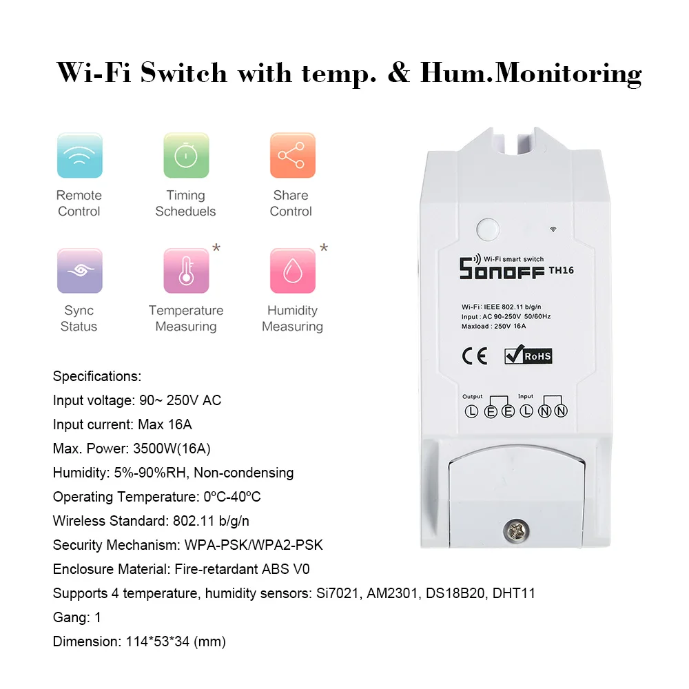 SONOFF TH16 16A/3500 Вт умный Wifi переключатель для мониторинга температуры и влажности беспроводной домашний комплект автоматизации для Alexa Google Home/Nest