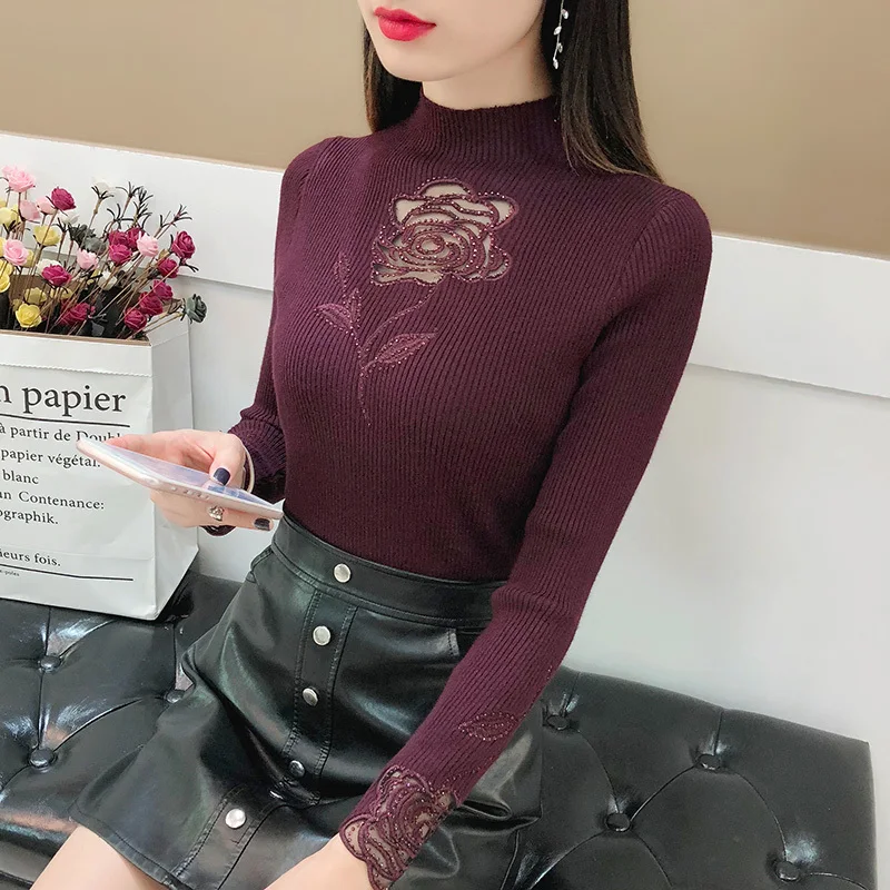 

Autumn Winter Women Lace Pullovers Sweater Knitted Elasticity Casual Jumper Fashion Slim Turtleneck Warm Female Sweaters