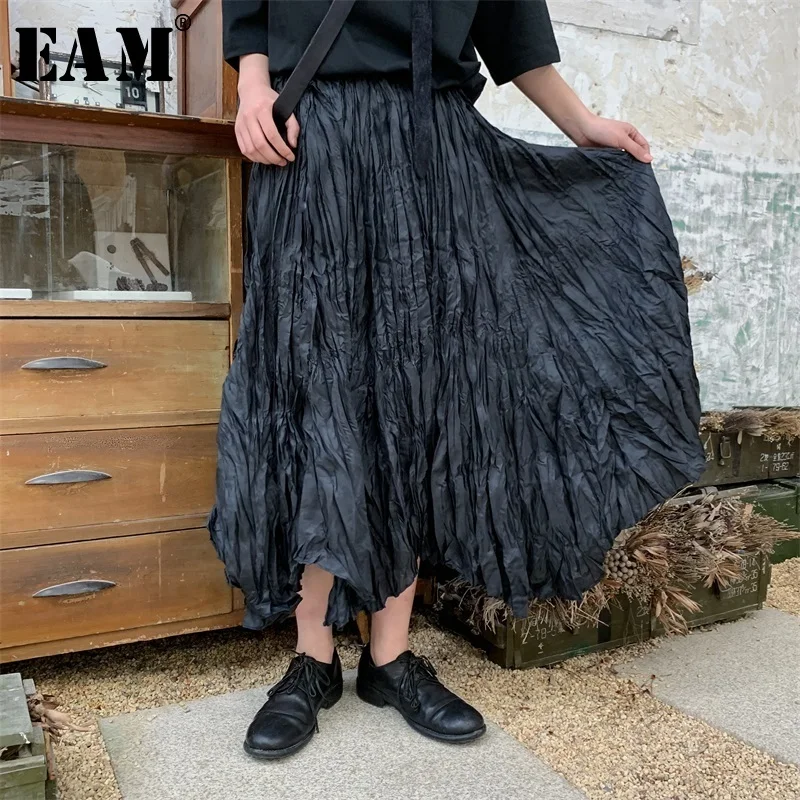 

[EAM] 2019 New Spring Summer High Elastic Waist Black Brief Pleated Fold Personality Half-body Skirt Women Fashion Tide JS296