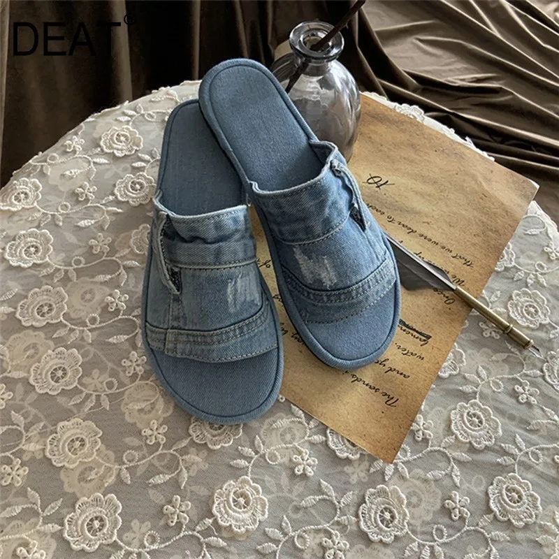 

[DEAT] 2019 New Spring Summer Round Toe Shallow Denim Cloth Outside Casual Simple Flat Slippers Women Shoes Fashion Tide 10C895