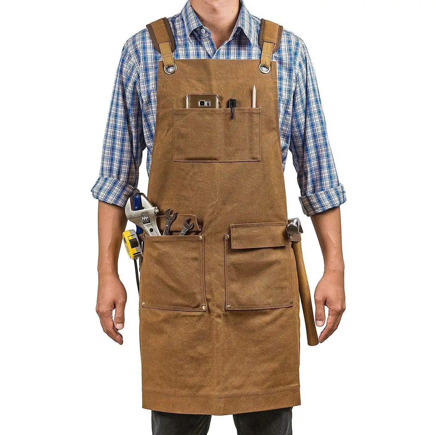 

Luxury Waxed Canvas Shop Apron | Heavy Duty Work Apron For Men & Women With Pocket & Cross-Back Straps | Adjustable Tool Apron