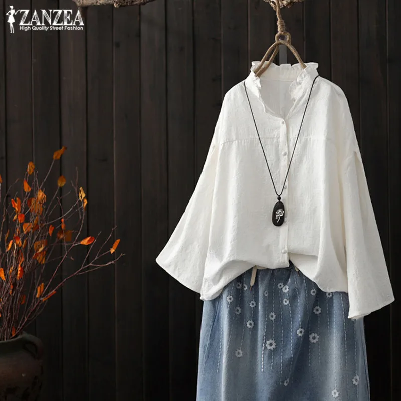  2019 Plus Size ZANZEA Spring Women Casual Solid Long Flare Sleeve Blouse Cotton Linen Ruffled Party