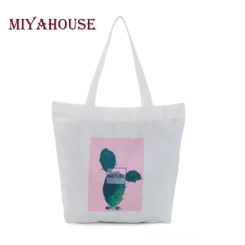 

Miyahouse cactus Women Canvas Printing Handbag Large Capacity Girl Shopping Bag Summer Casual Wild Zipper Beach Bag Female