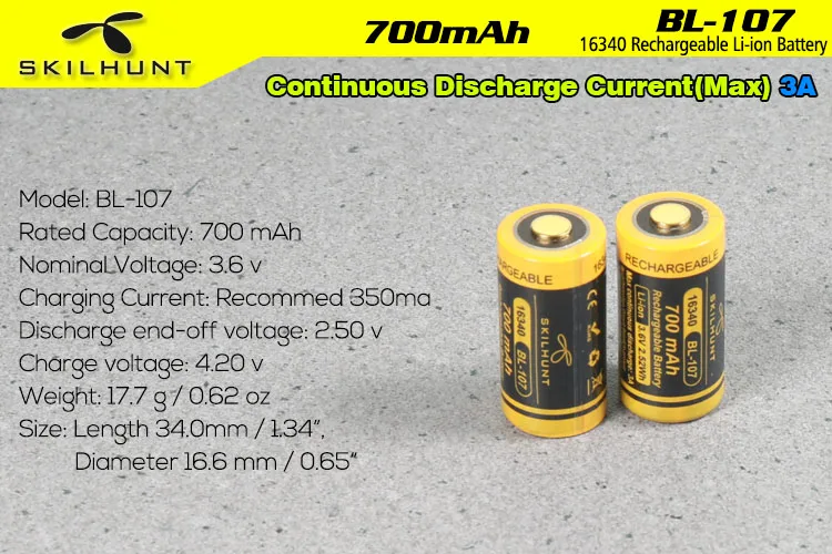 Skilhunt BL 107 16340 700mAh защищенная батарея|Портативные осветительные приборы| |