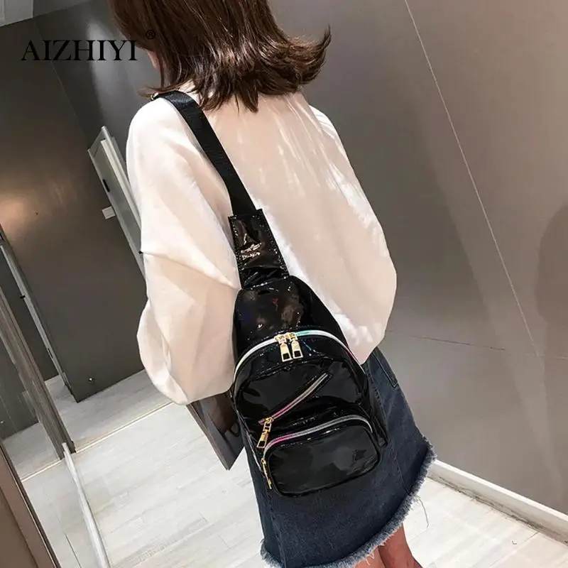 

New fashionLaser Bright Leather Handbags Waist Phone Packs Unisex Chest Bags Multi-pocket large capacity shoulder messenger bags