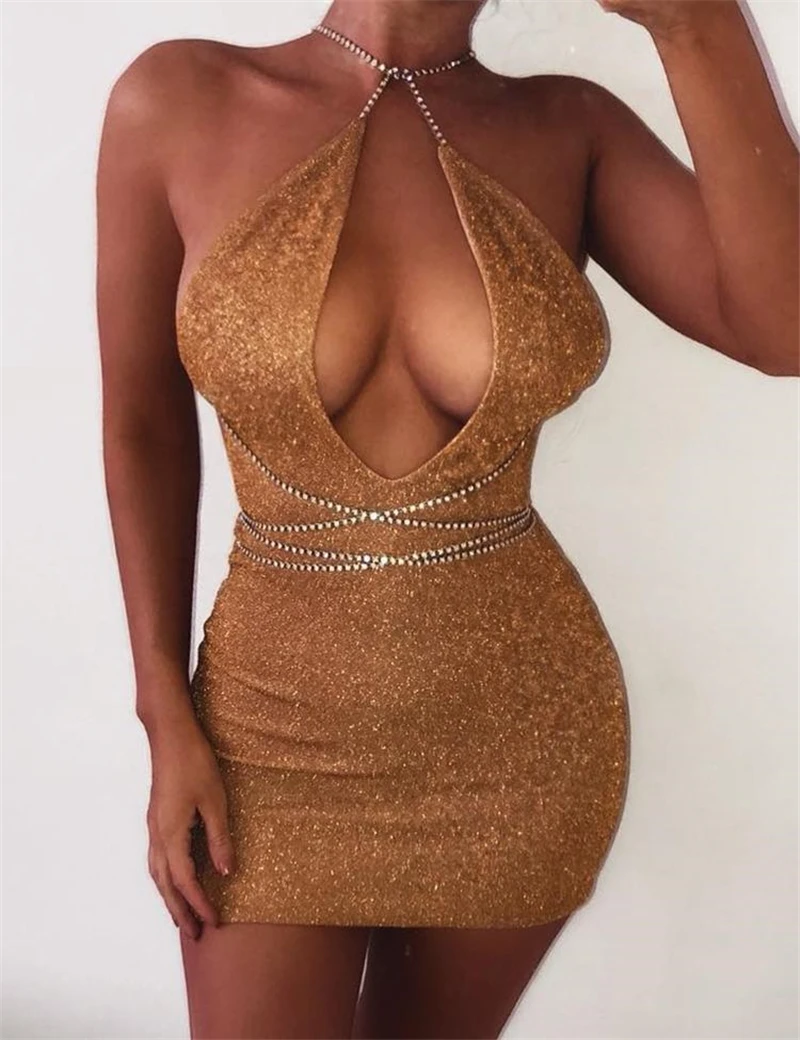 

Women Halter Mini Dress V-Neck Sequin Mini Dress Bodycon Mini Dresses Party Glitter Ladies Clothes