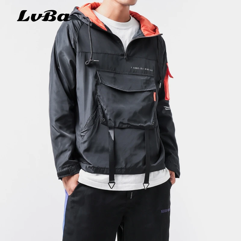  Japanese Contrast Color Sport Hoodie Men Hip Hop Long Sleeve Loose Jacket Big Pocket Fashion