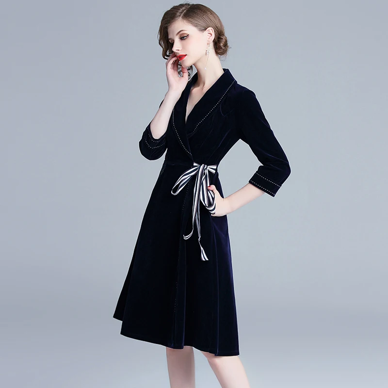 Banulin 2018 High Quality Winter Velvet Dress Autumn Women OL Office Midi Dresses Runway Elegant Embroidery Vintage Vestidos