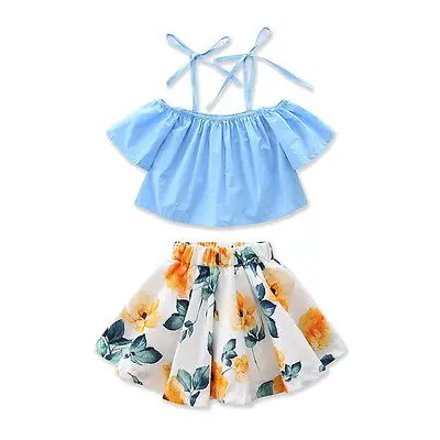

Emmababy 2Pcs Suit !! Toddler Baby Girls Off Shoulder Floral Tops Skirt Kids Outfits Summer 1-6T