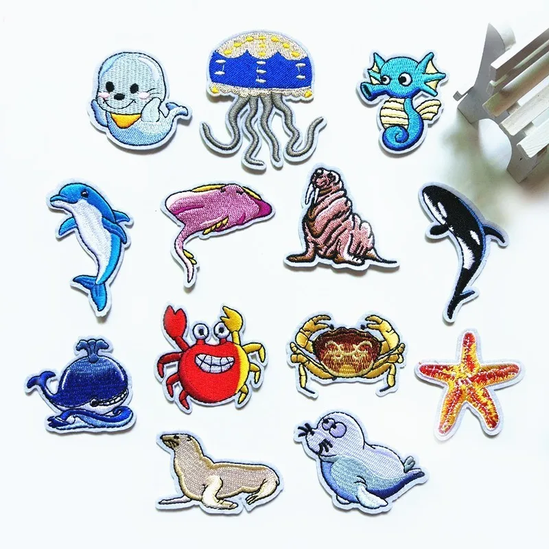 

Cartoon Ocean Animal Whale Shark Marine Organism A hippocampus Iron On Embroidered Clothes Dolphin Patches For Clothing Badges