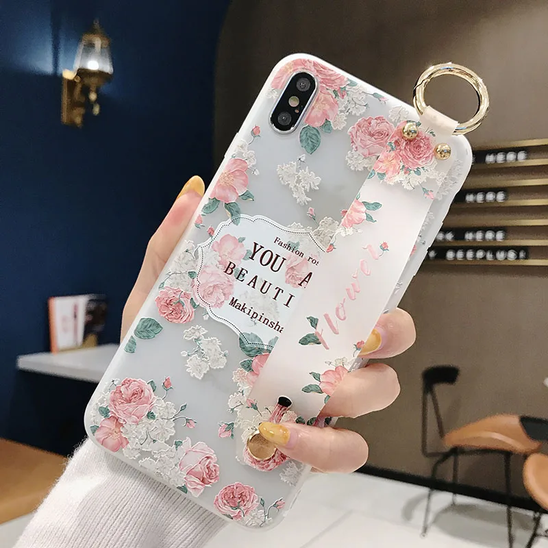 

3D Relief Flower Matte Case For Huawei P30 Pro P30 Lite Wrist Strap Soft Cover For Huawei P20 Pro P20 Lite P10 Plus Stand Coque