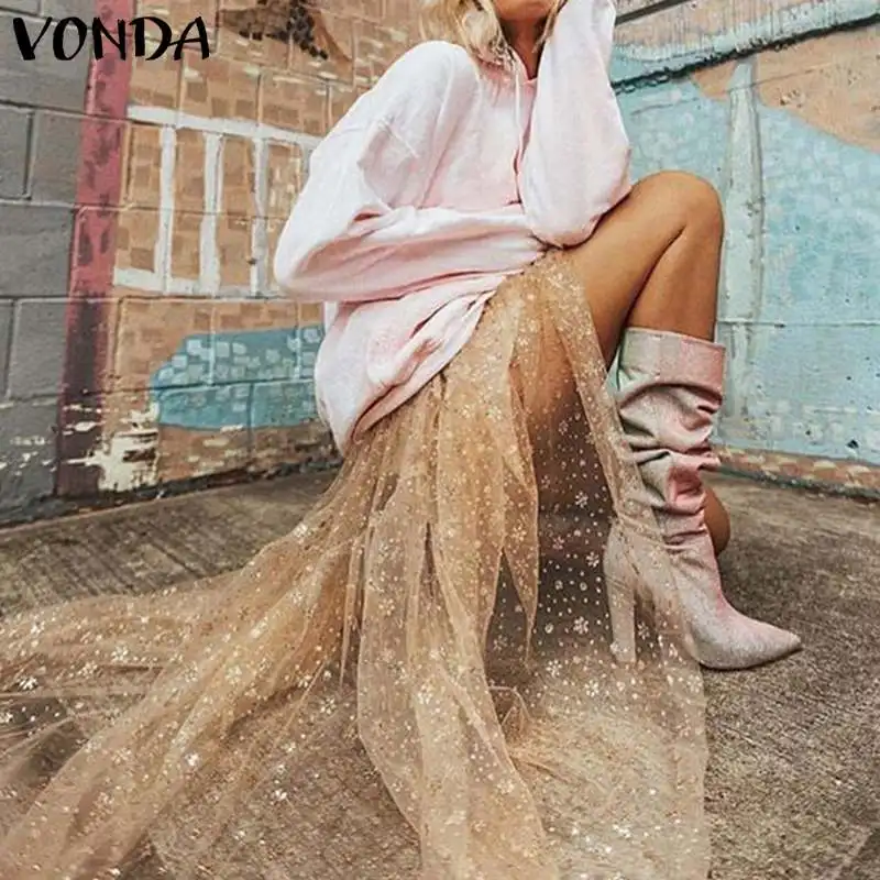 

VONDA Plus Size Women Mesh Skirt 2019 Summer Vintage Sexy Bling Long Skirts Casual Loose Femme See Though Layered Skirt S-5XL