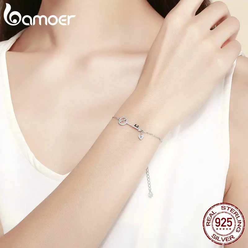 BAMOER Аутентичные 925 пробы серебряные Романтические любовные цепочки, женские браслеты для женщин, прозрачные кубические циркониевые ювелирные изделия SCB115