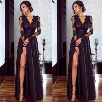 

Women Lace Evening Party Prom Gown Ladies Formal Empire Waist Long Dress Solid V-Neck Long Sleeve Floor-Length Maxi Dresses