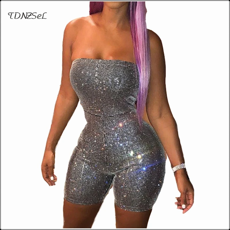 

Women Sexy Silver Lurex Skinny Shiny Playsuit Sleeveless Strapless Bodycon Short Jumpsuit Nightclub Party Slim Glitter Overalls