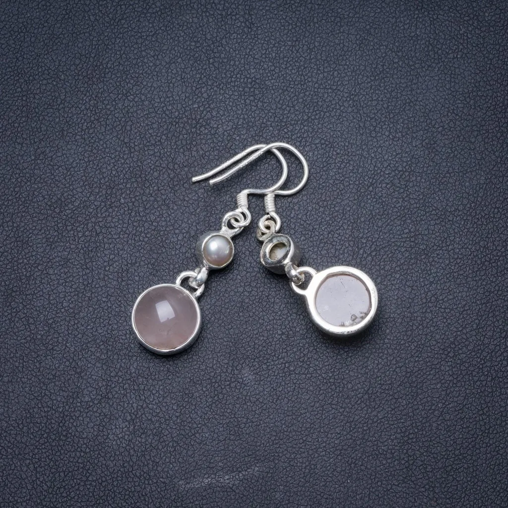 

Natural Rose Quartz and River Pearl Handmade Unique 925 Sterling Silver Earrings 1.5" Y1553